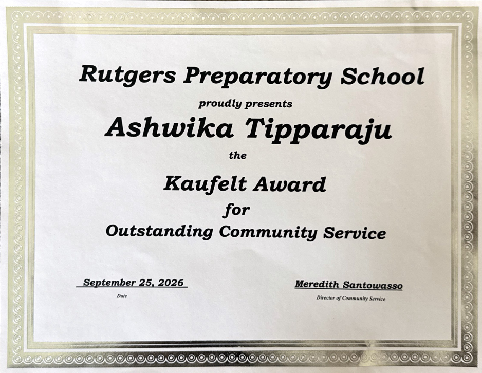 Kaufelt Award for Outstanding Community Service certificate