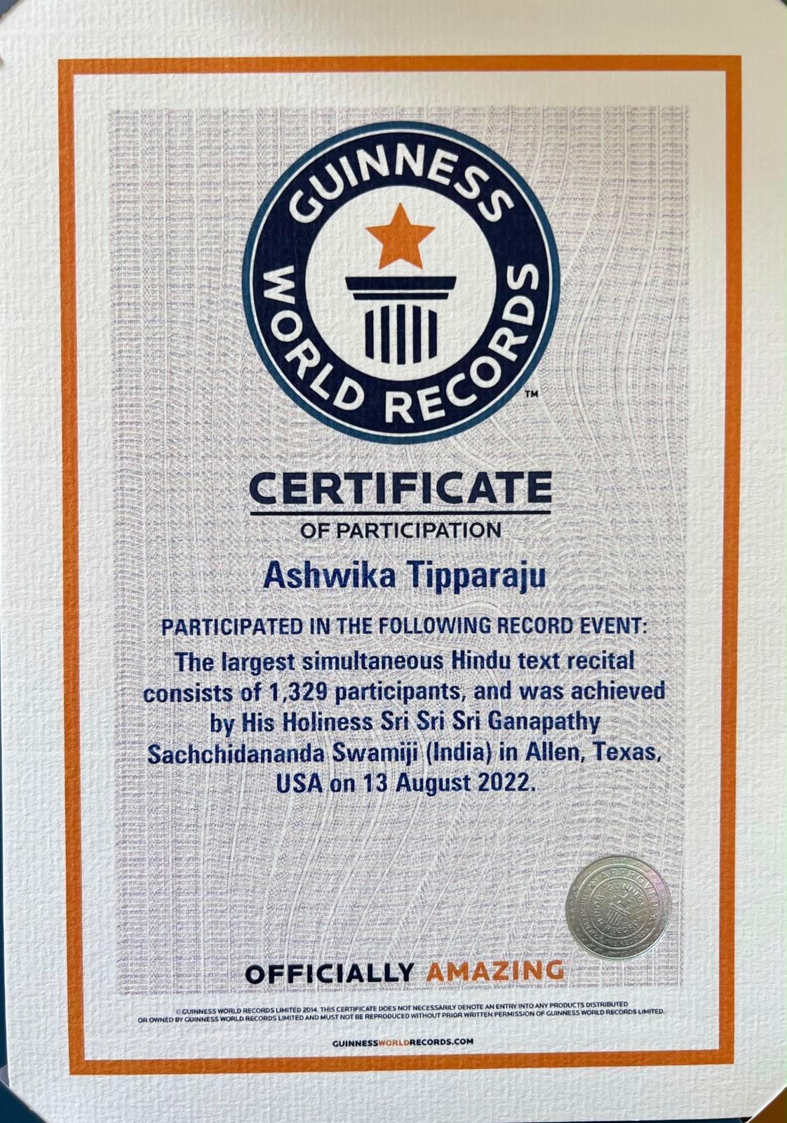 Guinness World Records certificate of participation